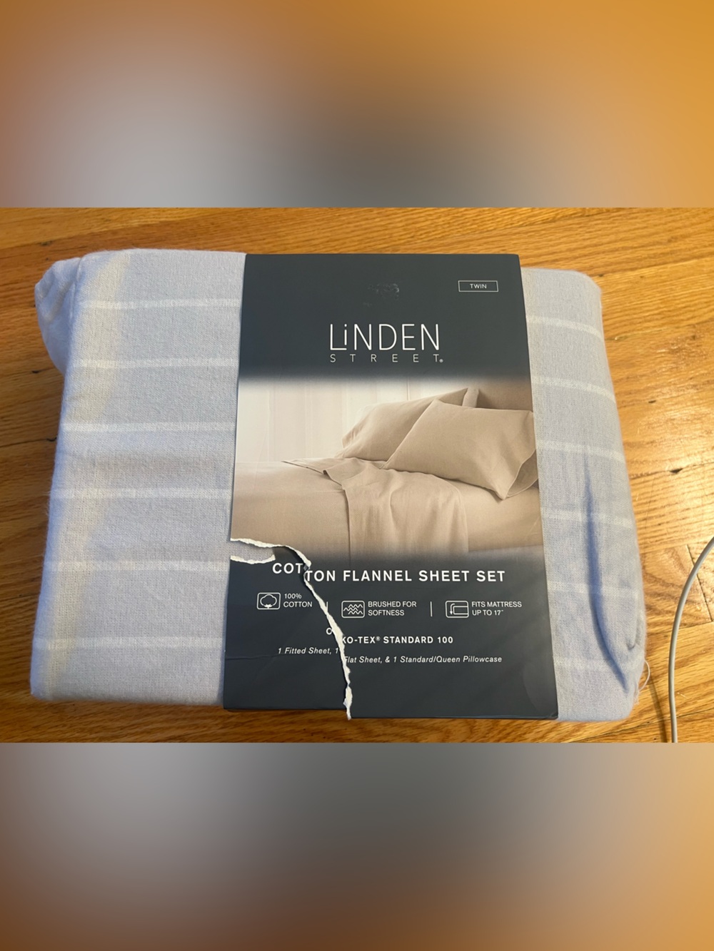 Linden Street Studio Light Blue and White Striped Cotton Flannel Sheet Set